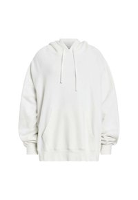 Sudadera blanca de gran tamaño hecha de tela suave, con un bolsillo canguro, capucha ajustable con cordón y puños y dobladillo acanalados.