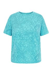 T-shirt azzurro chiaro a maniche corte con scollo rotondo e motivo floreale blu scuro dettagliato che copre tutto il tessuto.