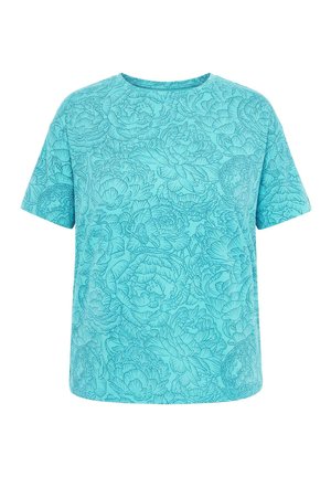 Camiseta de manga corta azul claro con cuello redondo y estampado floral detallado en azul más oscuro que cubre toda la tela.