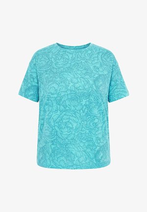 T-shirt azzurro chiaro a maniche corte con scollo rotondo e motivo floreale blu scuro dettagliato che copre tutto il tessuto.