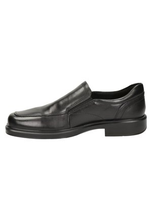 Chaussure noire en cuir facile à enfiler avec une finition lisse, un bout arrondi, des détails de couture subtils et un petit talon en caoutchouc. Design classique et minimaliste.