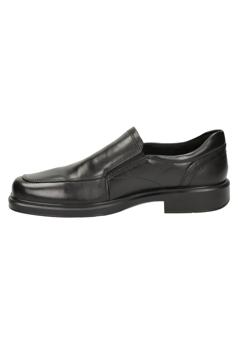 Schwarze Leder-Schlüpfschuhe mit glatter Oberfläche, abgerundeter Spitze, dezenten Nähdetails und einem niedrigen Gummihighheel. Klassisches und minimalistisches Design.