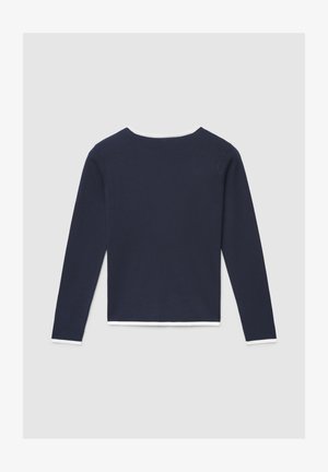 Maglione a maniche lunghe blu navy con scollo rotondo. Presenta una rifinitura bianca al collo e ai polsini. Tessuto a maglia liscia. Design semplice.