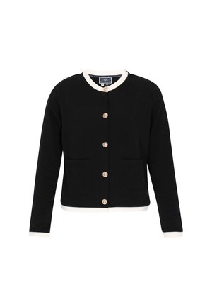 Cardigan nero con scollo rotondo, bordo bianco, cinque bottoni color oro e due tasche frontali. Tessuto morbido con una consistenza liscia.
