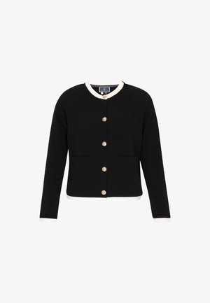 Juodas kardiganas su apvaliu iškirpimu, balta apdaila, penki auksinės spalvos mygtukai ir dvi priekinės kišenės. Minkšta medžiaga su lygiu tekstūros paviršiumi.
