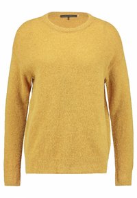 Suéter mostaza en un tejido suave y texturizado. Presenta un cuello redondo, mangas largas y dobladillos acanalados para un ajuste cómodo.