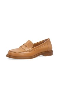 Helle Lederloafer mit gesteppten Details, runder Zehenpartie und flacher Gummisohle. Glatte Textur mit minimalistischem Design.
