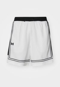 White mesh shorts with black accents, elastic waistband, drawstring, and side stripes. Features Under Armour logo on left hem.