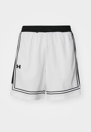 White mesh shorts with black accents, elastic waistband, drawstring, and side stripes. Features Under Armour logo on left hem.