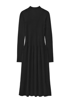 Black, long-sleeve knit dress featuring a round neckline, a fitted bodice, and a flared skirt. Smooth texture with no visible patterns.