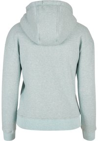 Sweat à capuche bleu clair chiné avec manches longues, poignets et ourlet côtelés, présenté de dos avec capuche attachée.