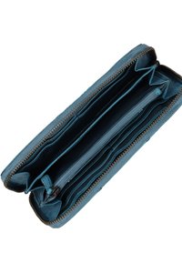 Blauwe portemonnee met ritssluiting, gemaakt van gestructureerd materiaal, met meerdere vakken en een gladde voering aan de binnenkant. Ritsen van goudkleurig beslag.