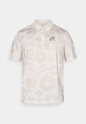 Poloshirt met korte mouwen in licht beige, met een subtiel cirkelpatroon, een klassieke kraag en een geborduurd groen logo op de borst.