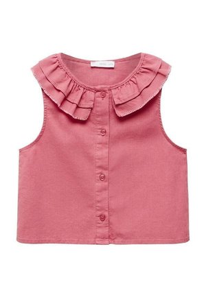 Rosa ärmelloses Oberteil mit einem Rüschensaum am Kragen, durchgehender Knopfleiste und sauberen Kanten. Hergestellt aus weichem, leichtem Stoff.