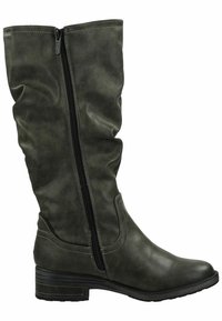 Bottes vertes hautes en simili cuir avec une texture lisse. Présentent une fermeture éclair sur le côté, un bout arrondi et un petit talon empilé.