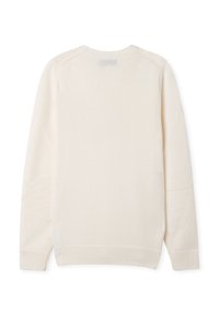 Maglione beige chiaro con maniche lunghe, colletto e orli a coste, realizzato in morbido tessuto a maglia, caratterizzato da un design semplice e senza cuciture.
