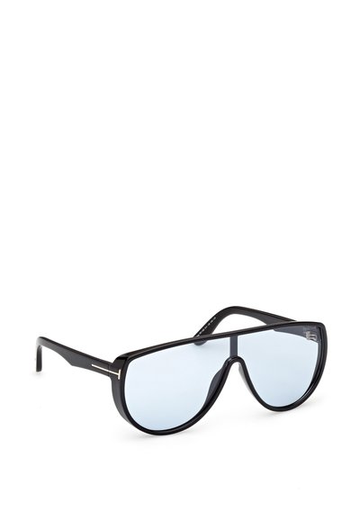 Mustat ylisuuret aurinkolasit, joissa on siniset tintatut linssit, kulmikas muotoilu ja ohuet kehykset, joissa on hienovaraisia kultaisia yksityiskohtia.