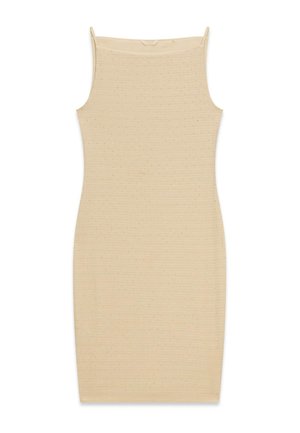 Ärmelloses, beiges Strickkleid mit dünnen Trägern und dezentem horizontalem Rippmuster, figurbetonte Silhouette, knielang.
