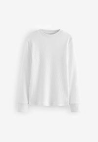 T-shirt à manches longues en coton blanc, fabriqué en tissu côtelé, avec un col rond et des poignets ajustés. Texture lisse sans motifs ni accents.