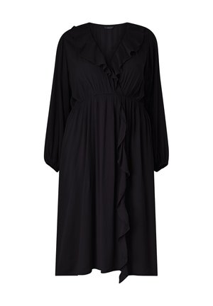Black dress made of soft fabric with long sleeves, a ruffled v-neckline, and a flowing silhouette, featuring a gathered waist detail.