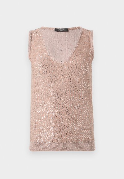 Αμάνικο, ανοιχτό ροζ πουλόβερ με V-λαιμόκοψη, διακοσμημένο με ασημένιες πούλιες σε όλη την επιφάνεια, με ριμπ τελείωμα και μαλακή υφή πλεξίματος.