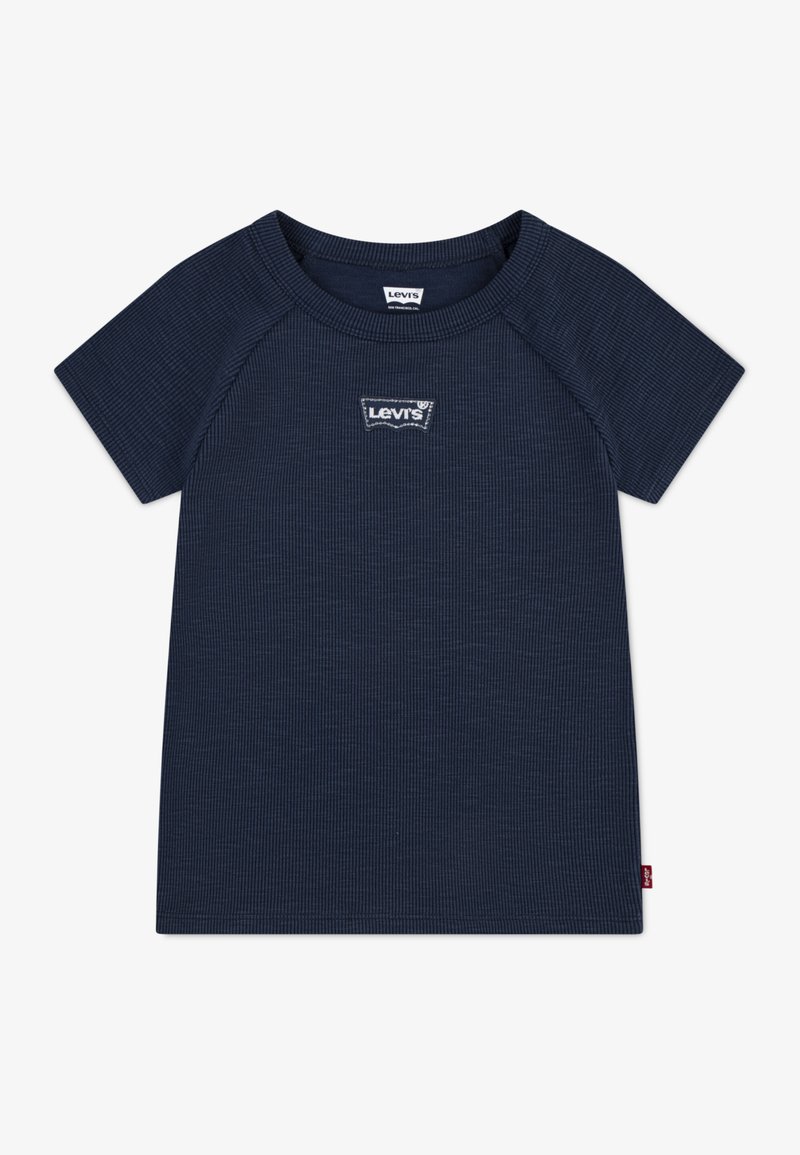 Marineblauwe t-shirt met korte mouwen, gemaakt van textuurstof, met een klein wit Levi's-logo op de borst en een ronde halslijn.