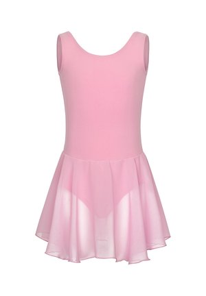 Justaucorps rose avec un corsage ajusté et une jupe évasée en tissu transparent. Design sans manches, texture lisse et tissu doux pour le confort et la flexibilité.