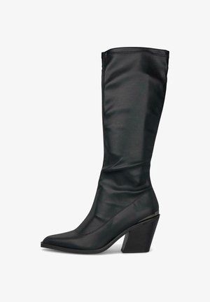 Black knee-high boot with a pointed toe, made of smooth synthetic material, featuring a chunky heel and minimal stitching details.