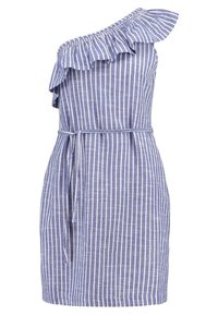 Robe asymétrique à rayures verticales bleues et blanches, avec un col à volants et une taille nouée pour une silhouette définie.