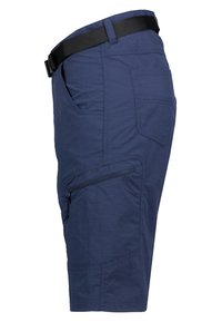 Pantalones cortos cargo de color azul marino con una textura suave, que cuentan con un bolsillo lateral con cremallera y costuras reforzadas. Se incluye un cinturón negro ajustable.