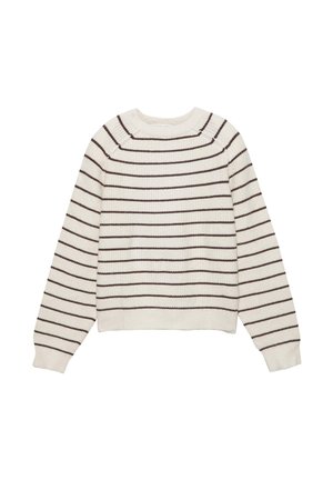 Maglione a maglia color crema con righe orizzontali marroni scure. Presenta un collo arrotondato e maniche lunghe. Tessuto testurizzato con polsini e orlo a costine.