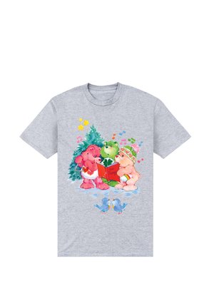 Grå bomulds t-shirt med en farverig illustration af tre bjørne, der synger ved et juletre, med musiknoter og to blå fugle.