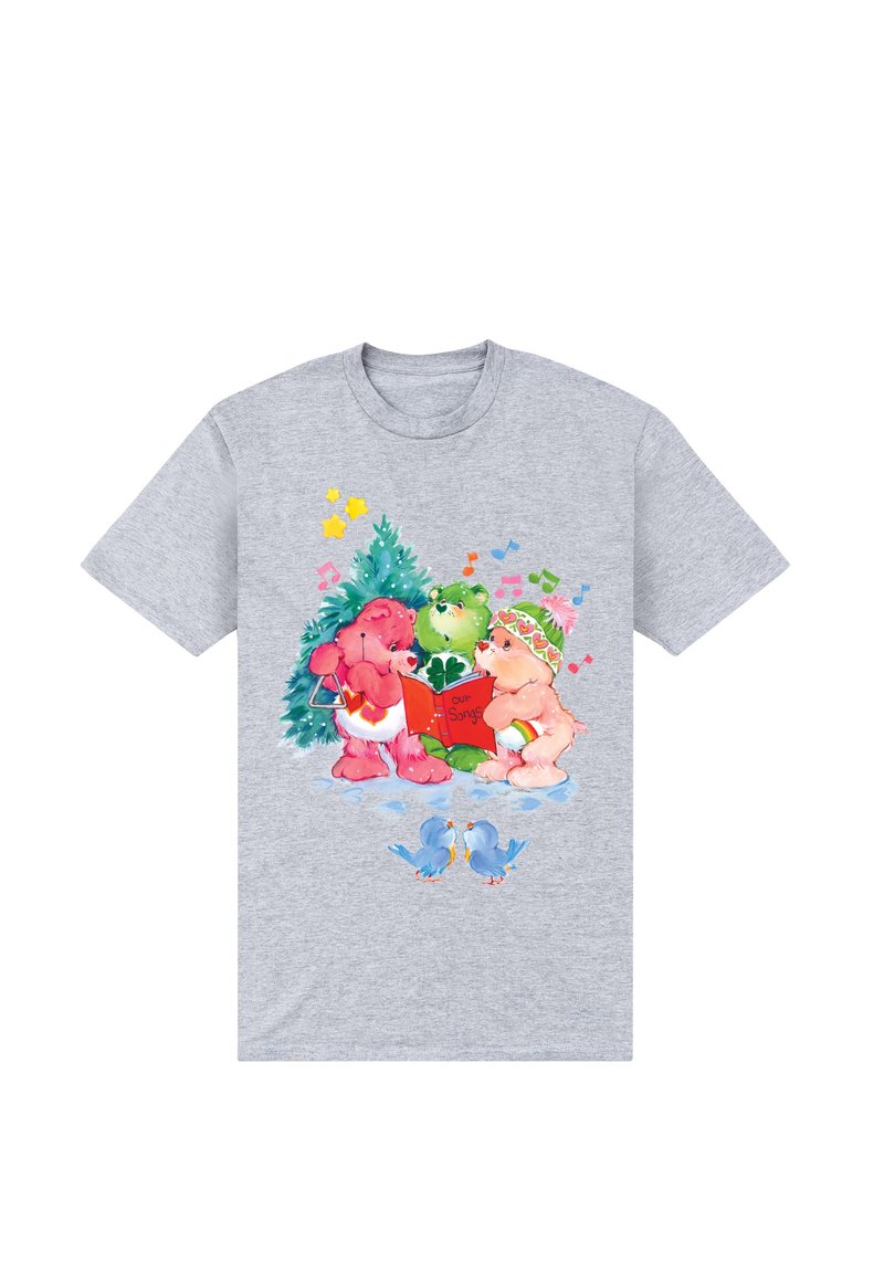 Šedé bavlněné triko s barevnou ilustrací třech medvědů zpívajících u vánočního stromečku, doplněné hudebními notami a dvěma modrými ptáčky.