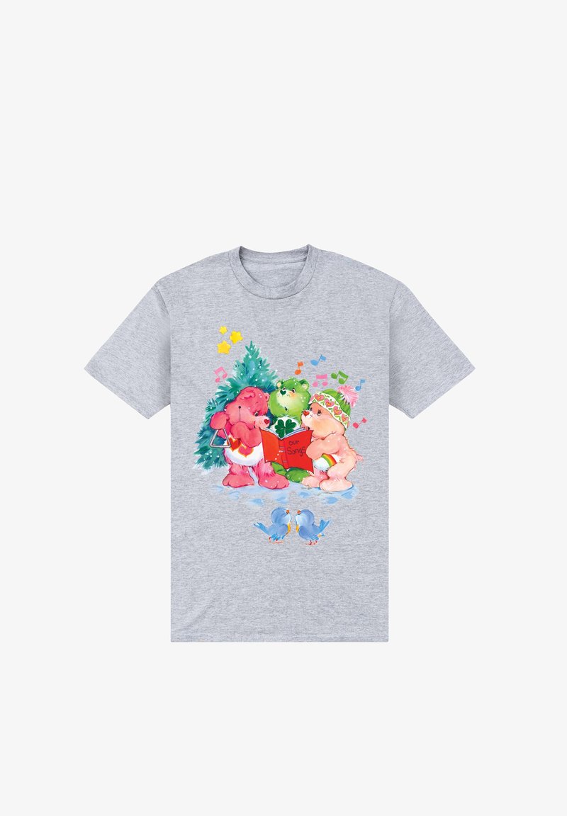 Šedé bavlněné triko s barevnou ilustrací třech medvědů zpívajících u vánočního stromečku, doplněné hudebními notami a dvěma modrými ptáčky.