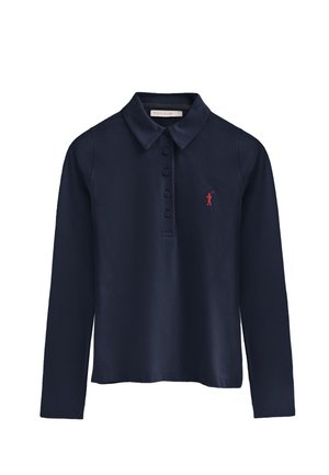 Polo de manga larga en color navy con cuello, cinco botones y un pequeño logo de golfista rojo bordado en el lado izquierdo del pecho. Textura suave.