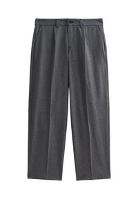 Pantalones de cuadros grises hechos de una tela ligera, con un corte recto, dos bolsillos frontales y un cierre de botón en la cintura.