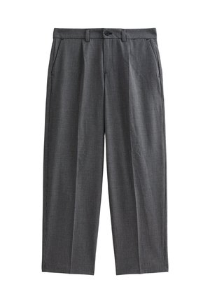 Pantalons à carreaux gris en tissu léger, avec une coupe droite, deux poches avant et une fermeture à bouton �à la taille.