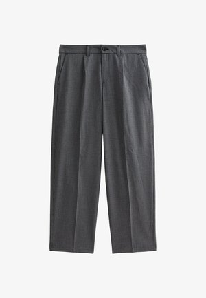 Grijze geruite trousers van een lichte stof, met een rechte snit, twee voorkruiden en een knoopsluiting bij de taille.