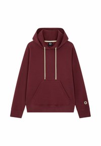 Sweat à capuche bordeaux avec une poche kangourou à l'avant, cordon de serrage beige, poignets et ourlet côtelés, fabriqué à partir d'un doux mélange de coton.