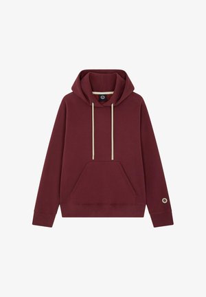Sweat à capuche bordeaux avec une poche kangourou à l'avant, cordon de serrage beige, poignets et ourlet côtelés, fabriqué à partir d'un doux mélange de coton.