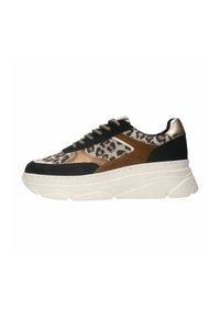Leopard print sneaker featuring a combination of black, brown, and metallic accents. Thick white sole with textured detailing and lace-up design.