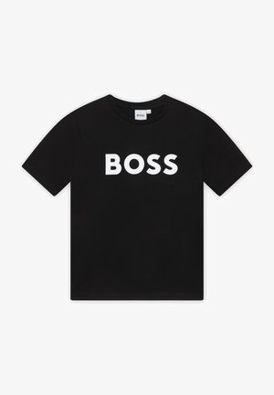 T-shirt preta de algodão com o logótipo branco "BOSS" em destaque na parte da frente. Decote redondo clássico e mangas curtas. Design simples e de cor sólida.