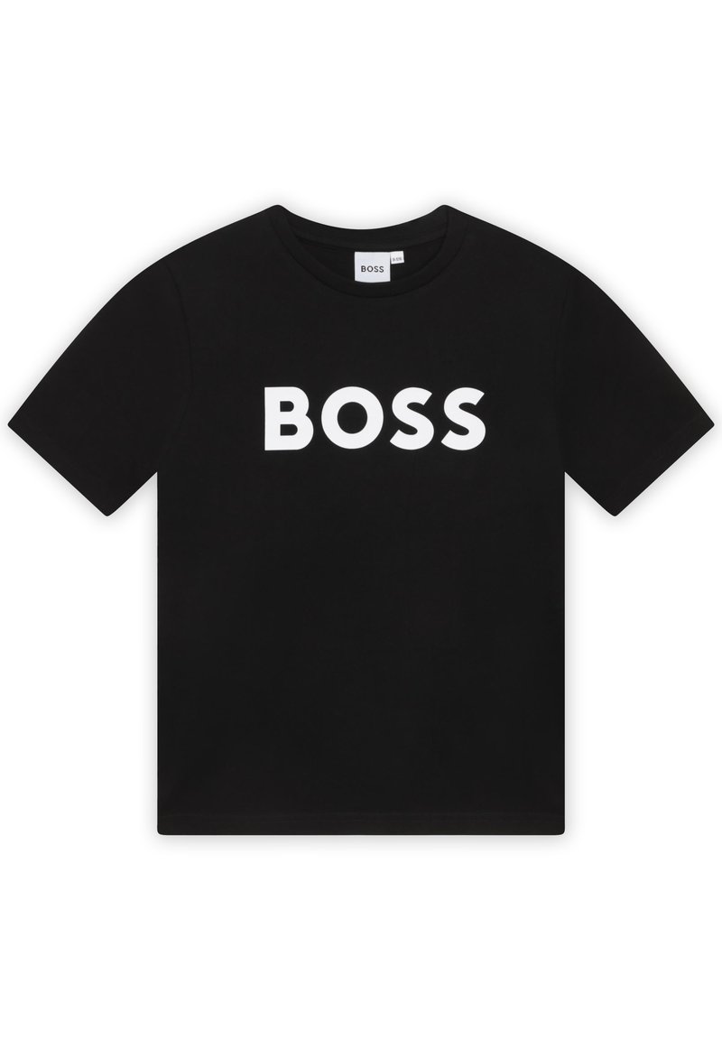 T-shirt preta de algodão com o logótipo branco "BOSS" em destaque na parte da frente. Decote redondo clássico e mangas curtas. Design simples e de cor sólida.