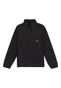 Black fleece jacket with a zippered front, high collar, and two side pockets; features a smooth texture and contrasting fabric paneling.