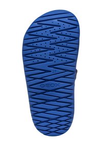 Sole in gomma blu con motivo a zigzag, fori di ventilazione e logo "GEOX". Taglia contrassegnata come "27". Superficie testurizzata per una migliore aderenza.