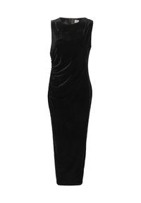 Abito midi senza maniche in velluto nero con scollatura a girocollo e arricciature laterali, silhouette aderente, chiusura con zip sul retro.