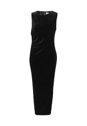 Černé sametové midi šaty bez rukávů s kulatým výstřihem a bočním nařasením, fitted silueta, uzávěr na zip vzadu.