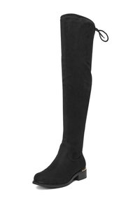 Czarne kozaki za kolano wykonane z miękkiego zamszu. Posiadają okrągły nos, niski obcas blokowy oraz złoty detal na obcasie.