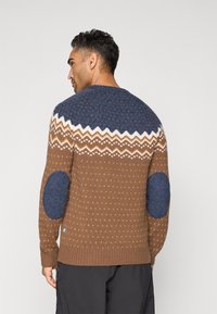Homme portant un pull à motifs marron et bleu avec une bande zigzag blanche et des patchs bleus sur les coudes, de dos contre un fond uni.