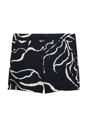 Zwarte zwemshorts voor heren met een abstract wit golvend lijnpatroon en een zwarte trekkoord in de tailleband.